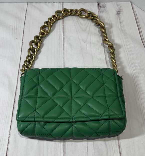 ZARA Shoulder Bag Mini Kelly Green Gold Chunky Strap Vegan Leather Inside Pocket - Picture 2 of 8